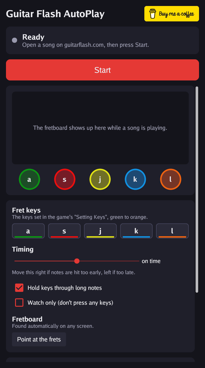 The Guitar Flash AutoPlay window: status, Start button, fretboard preview, the five fret keys and the timing setting